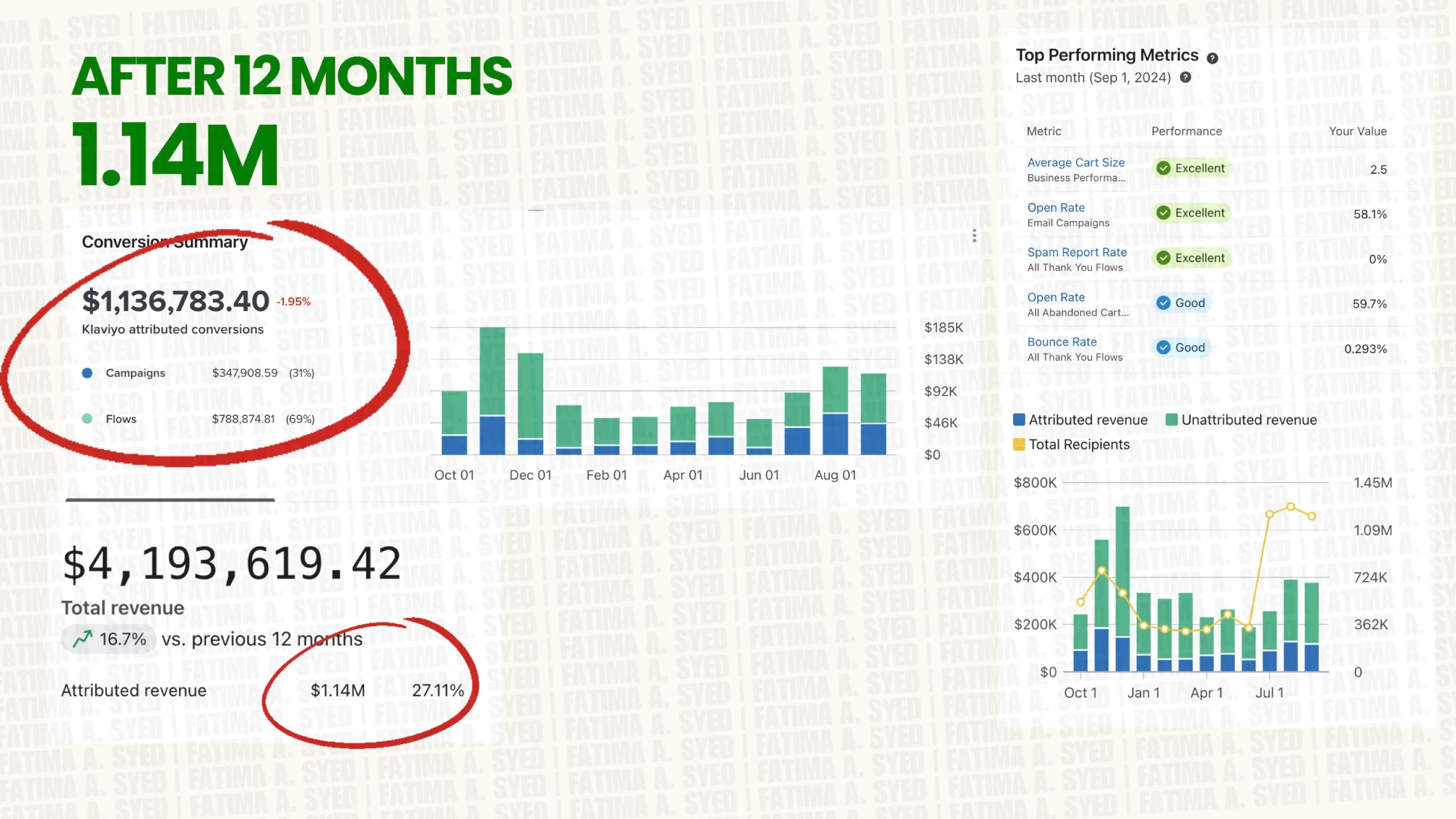 Klaviyo results after 12 months: $1.14M attributed revenue, 27.11% of $4,193,619 total revenue
