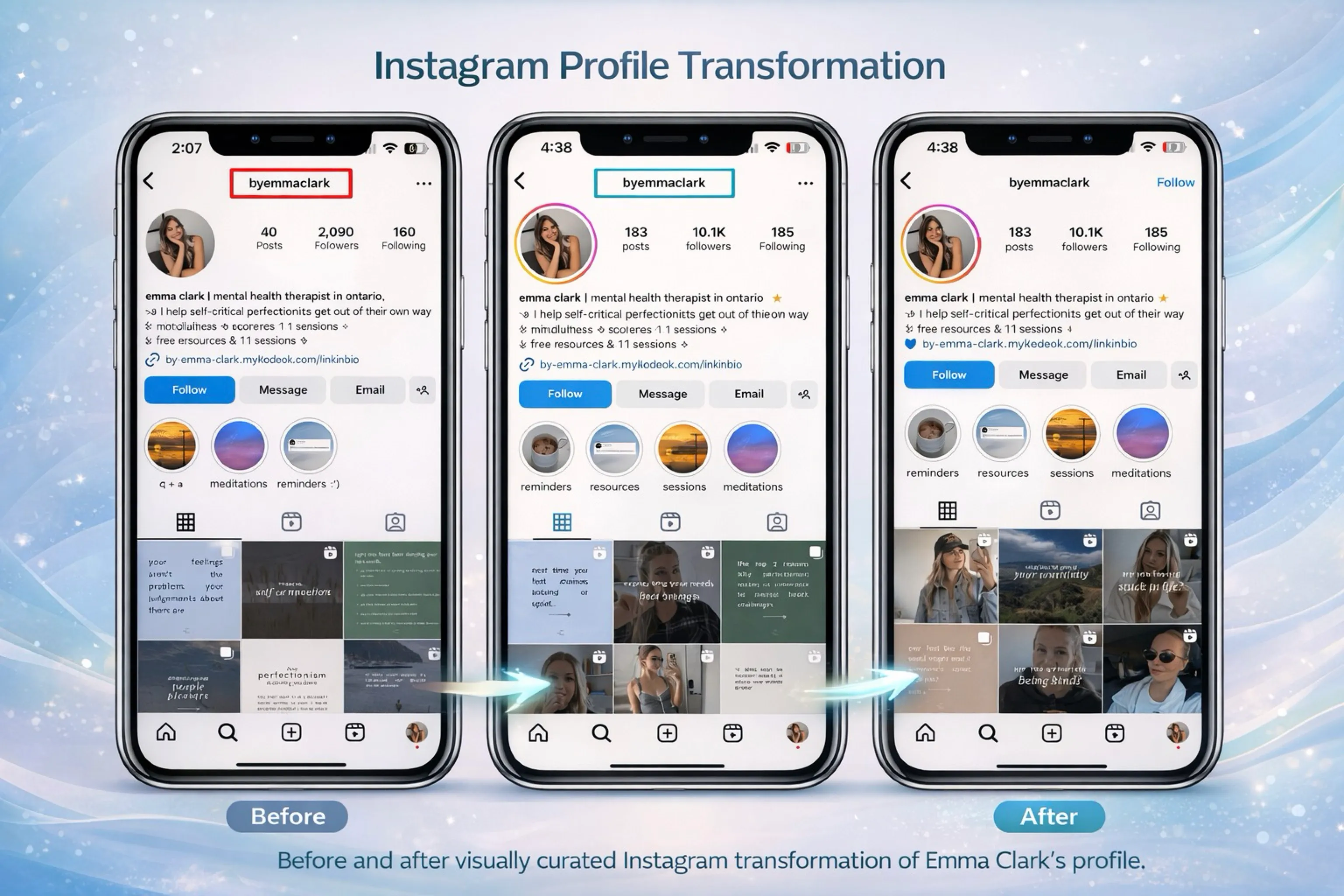 Instagram profile before and after: 2,090 followers grown to 10.1K