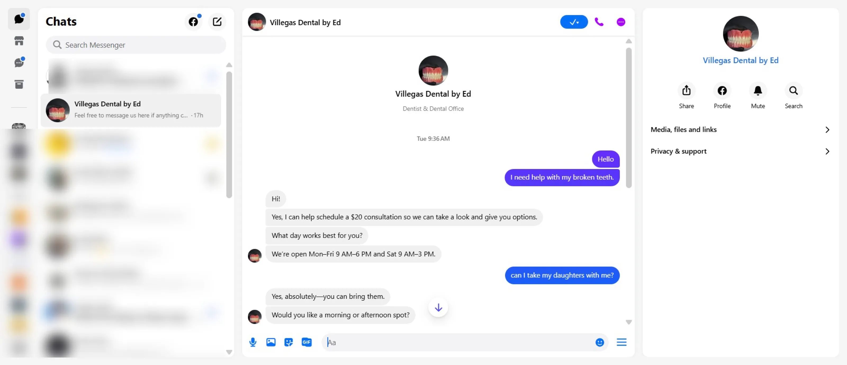 Messenger conversation with a dental clinic's AI booking bot offering appointment times