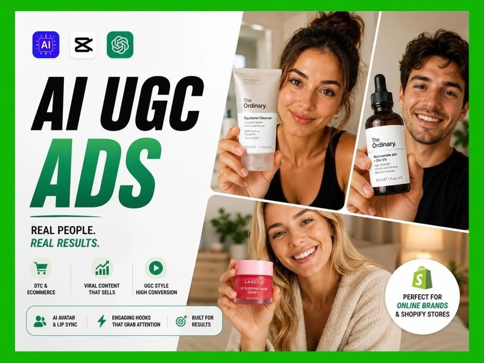Showcase of AI UGC ad creatives with AI presenters holding skincare products