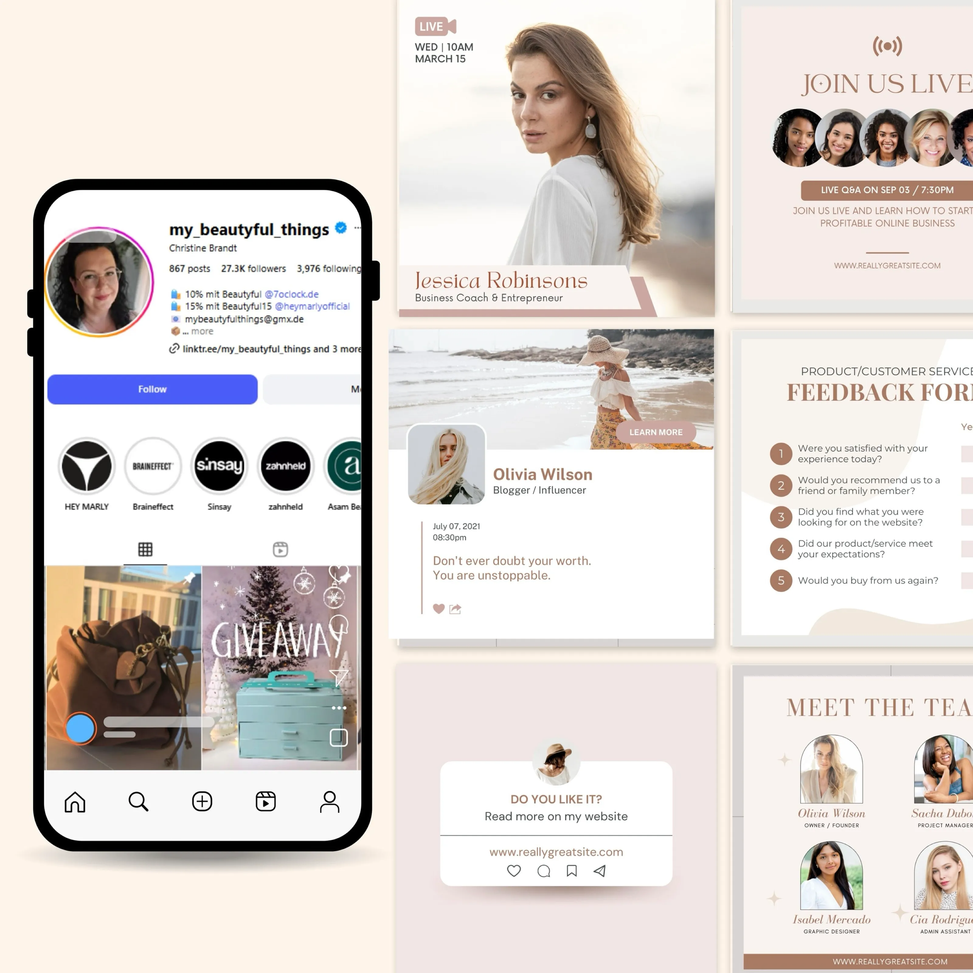 Instagram feed and post designs for a business coach including live event, testimonial and team posts