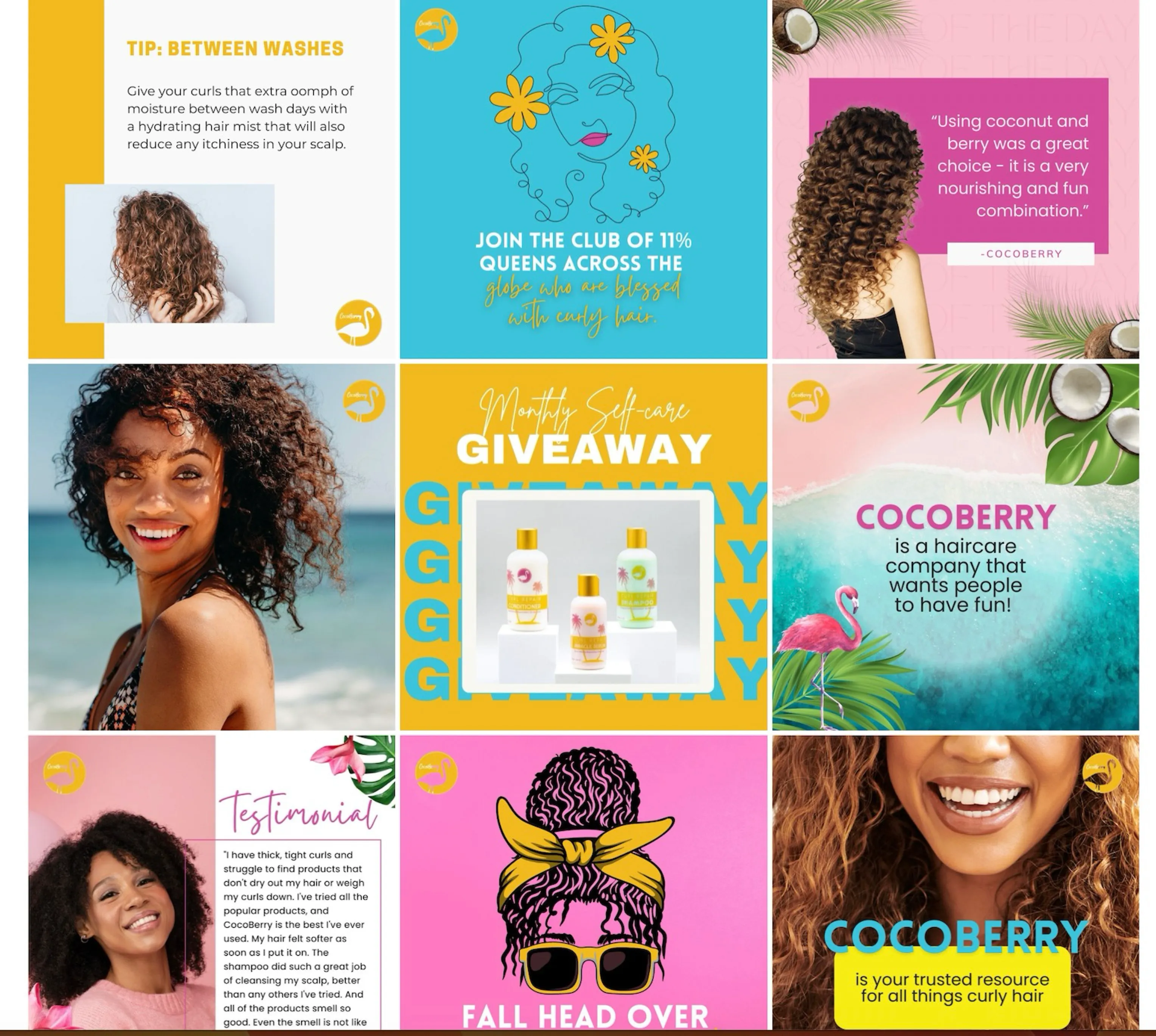 Cocoberry Instagram feed with curly hair tips, giveaway and testimonial posts