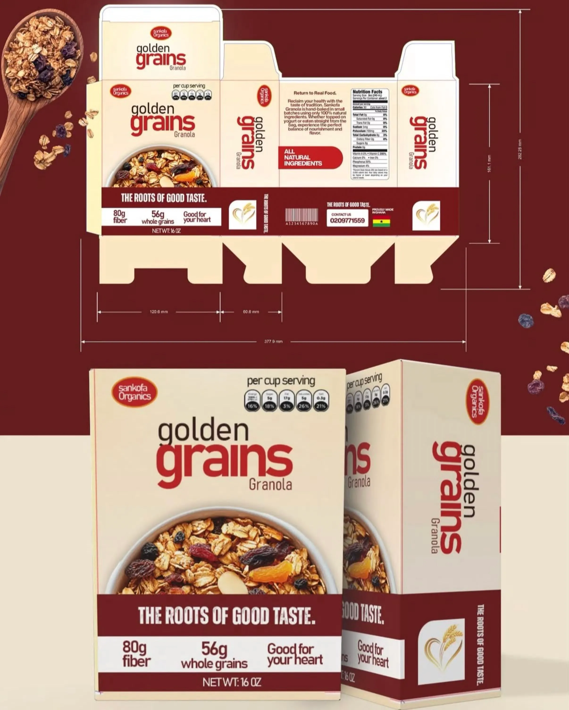 Golden Grains granola carton design with dieline