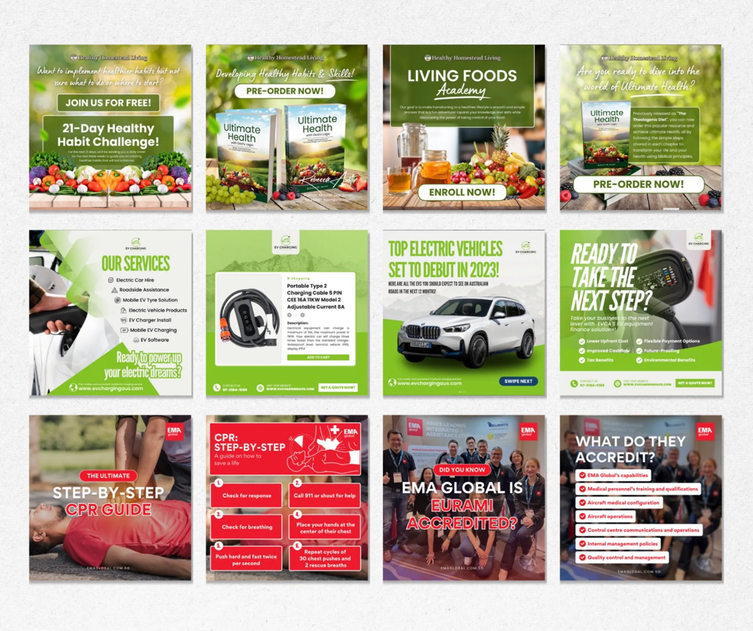 Grid of social media creatives for a wellness programme, an EV company and a CPR training provider