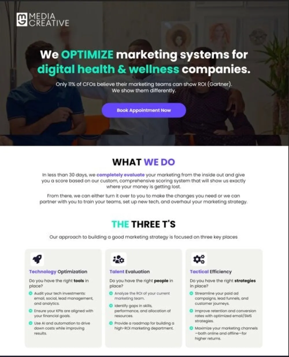Landing page for a digital health marketing service: landing page