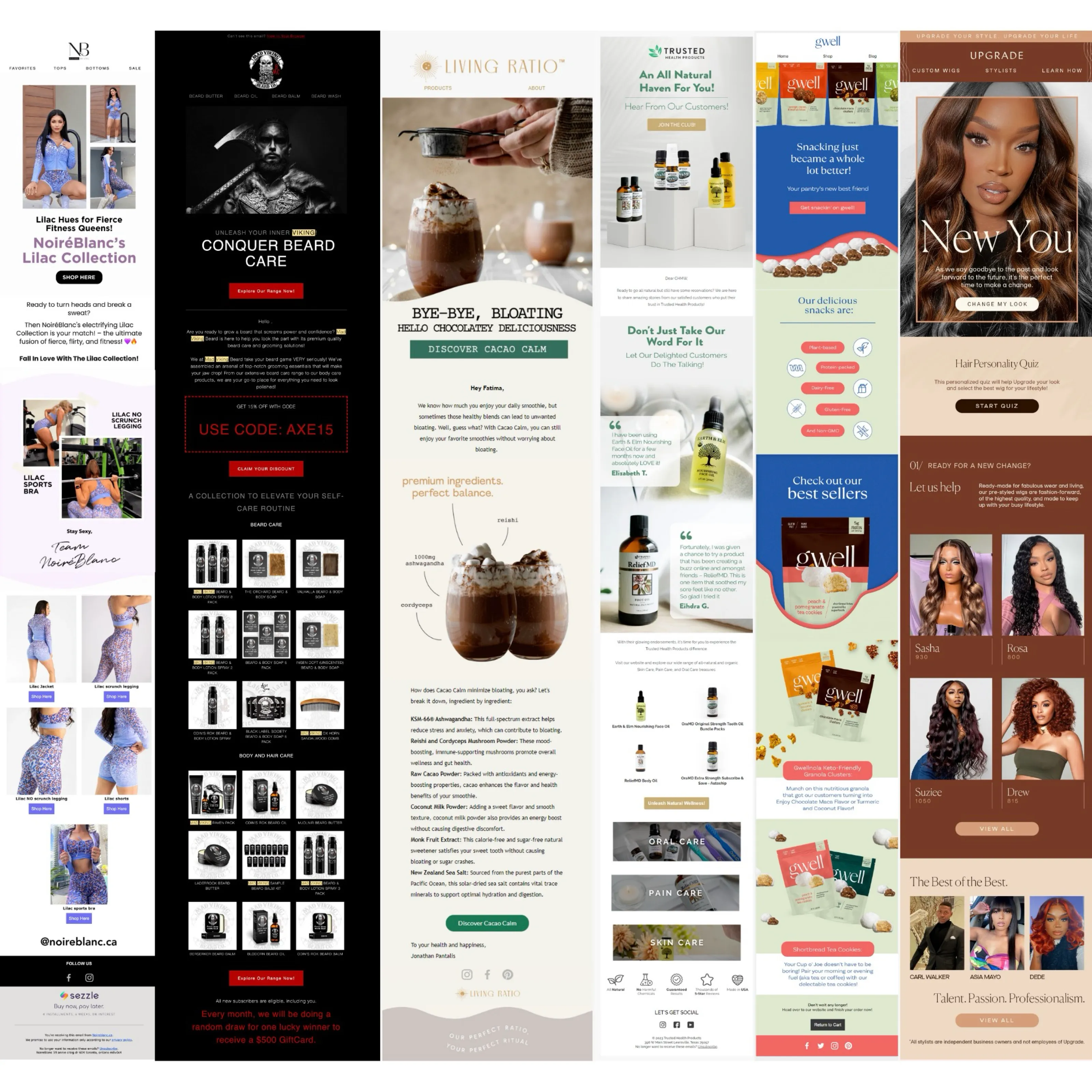 Six email newsletter designs for fashion, beard care, skincare and haircare brands