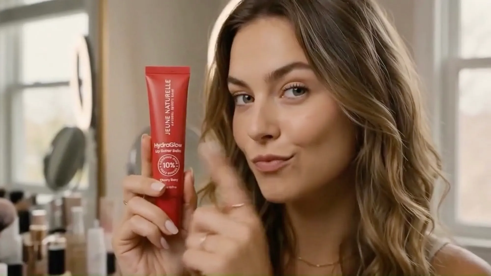 Woman holding a red lip balm tube up to camera, still from the UGC ad