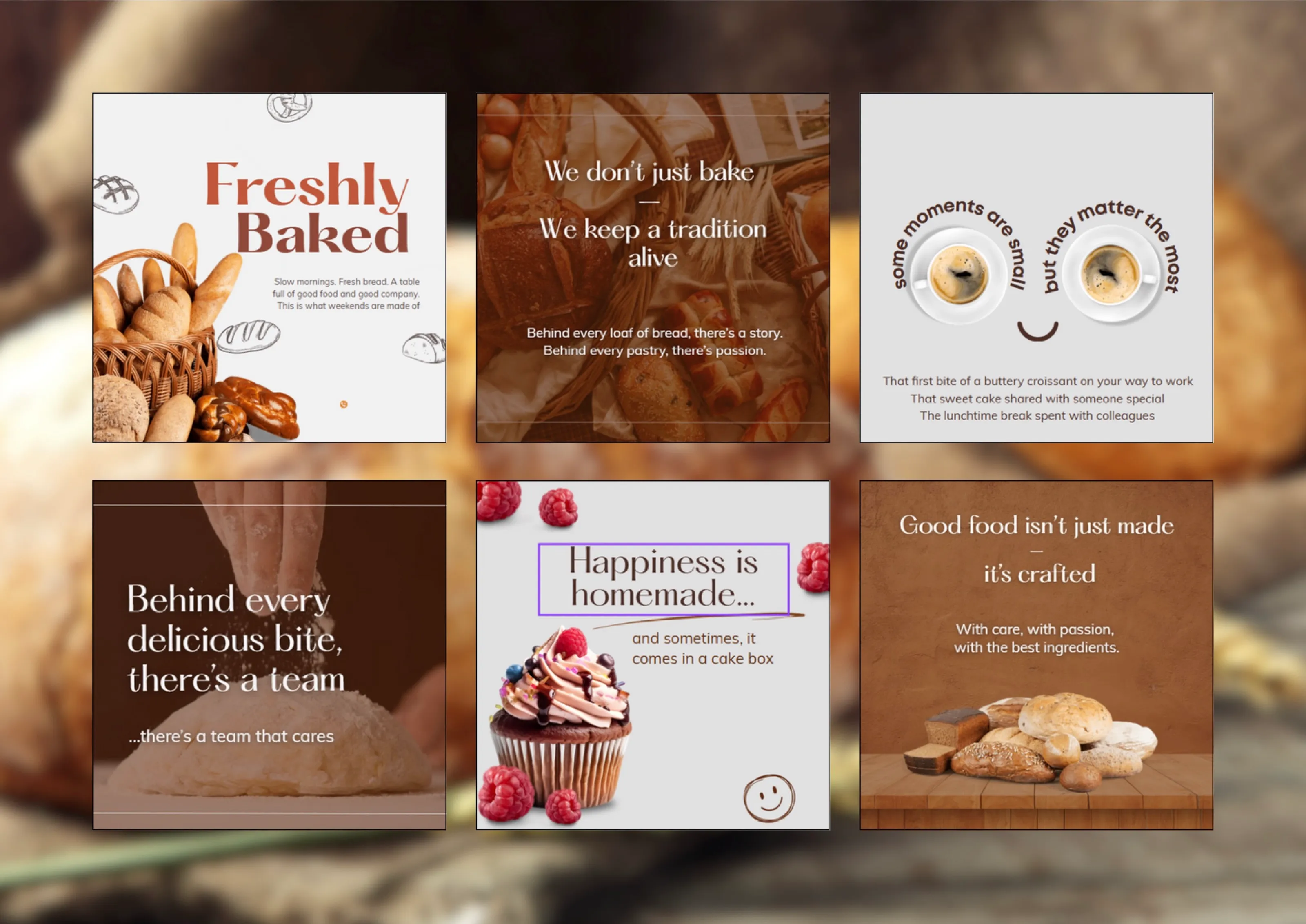 Six social media post designs for an artisan bakery in warm terracotta tones