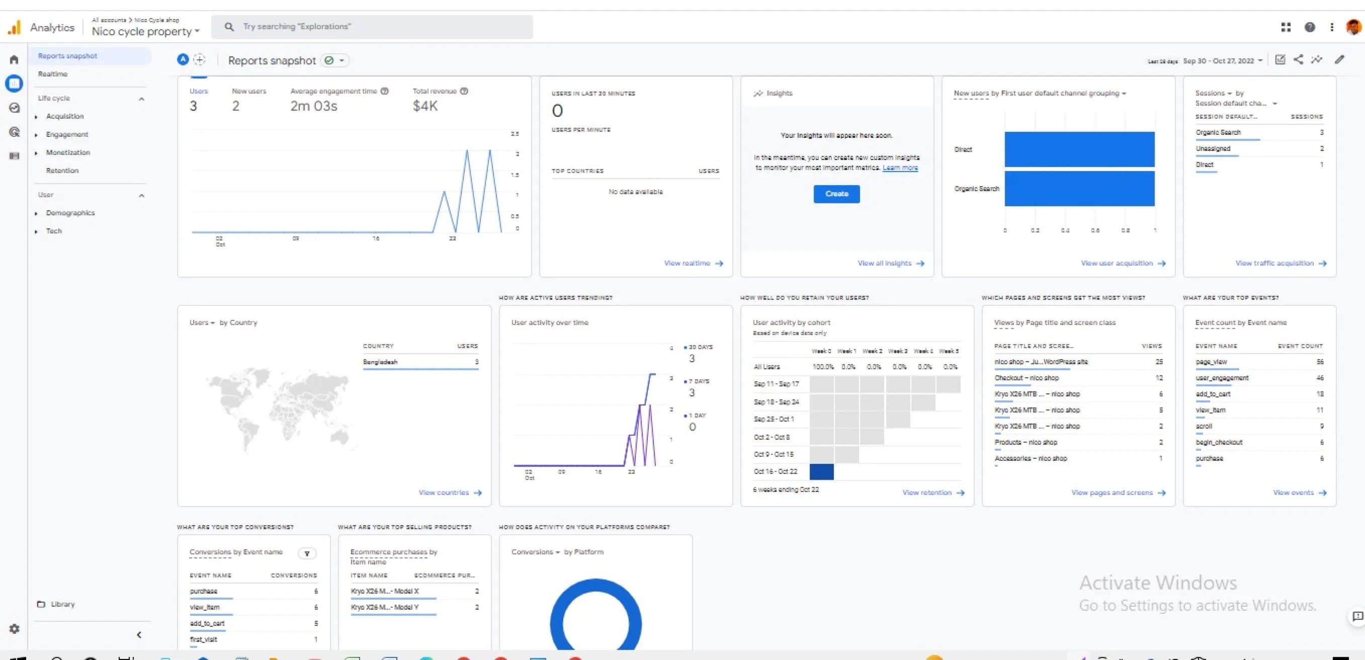 GA4 reports with engagement and revenue charts