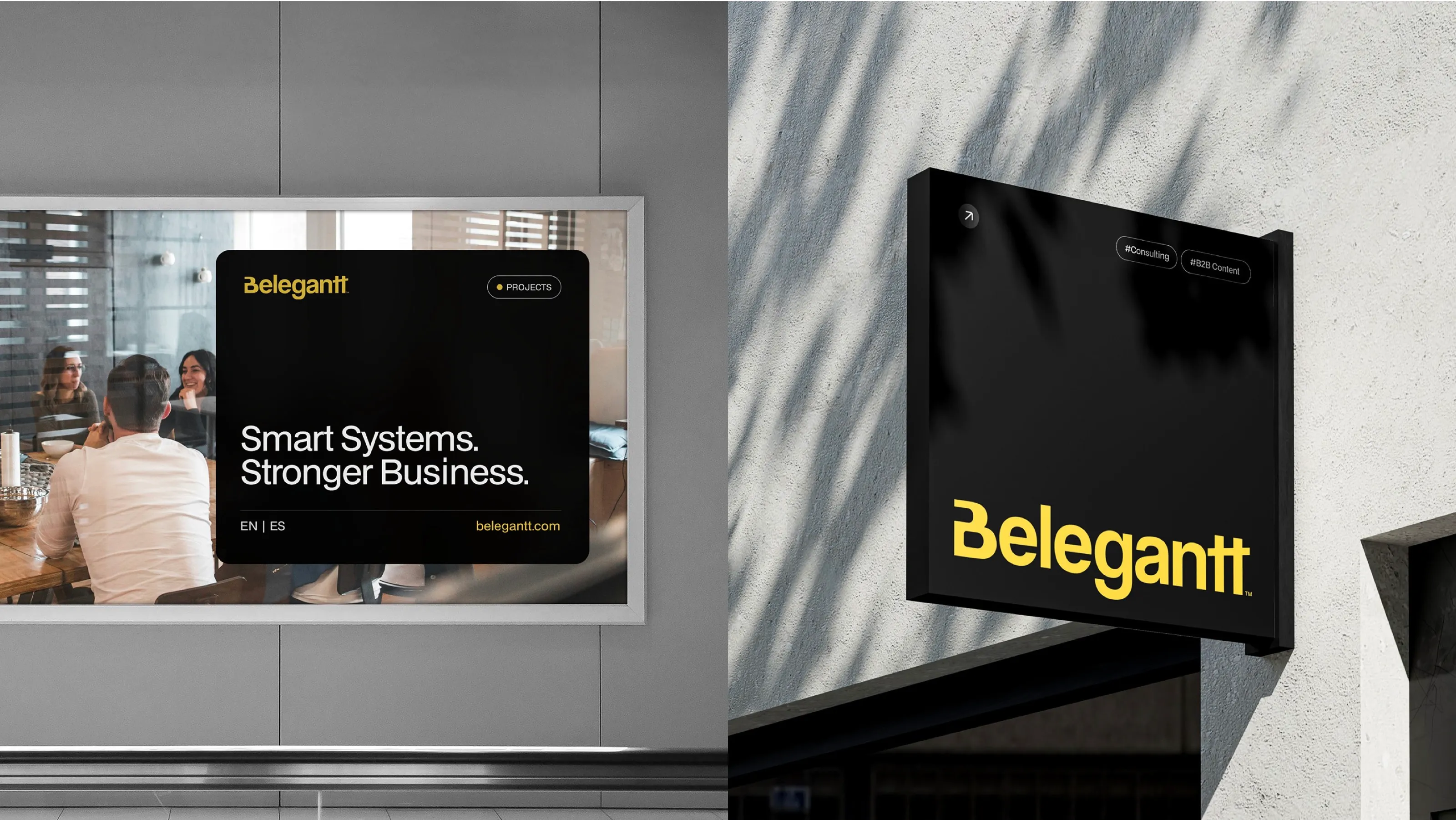 Belegantt logo on an office sign and a digital display
