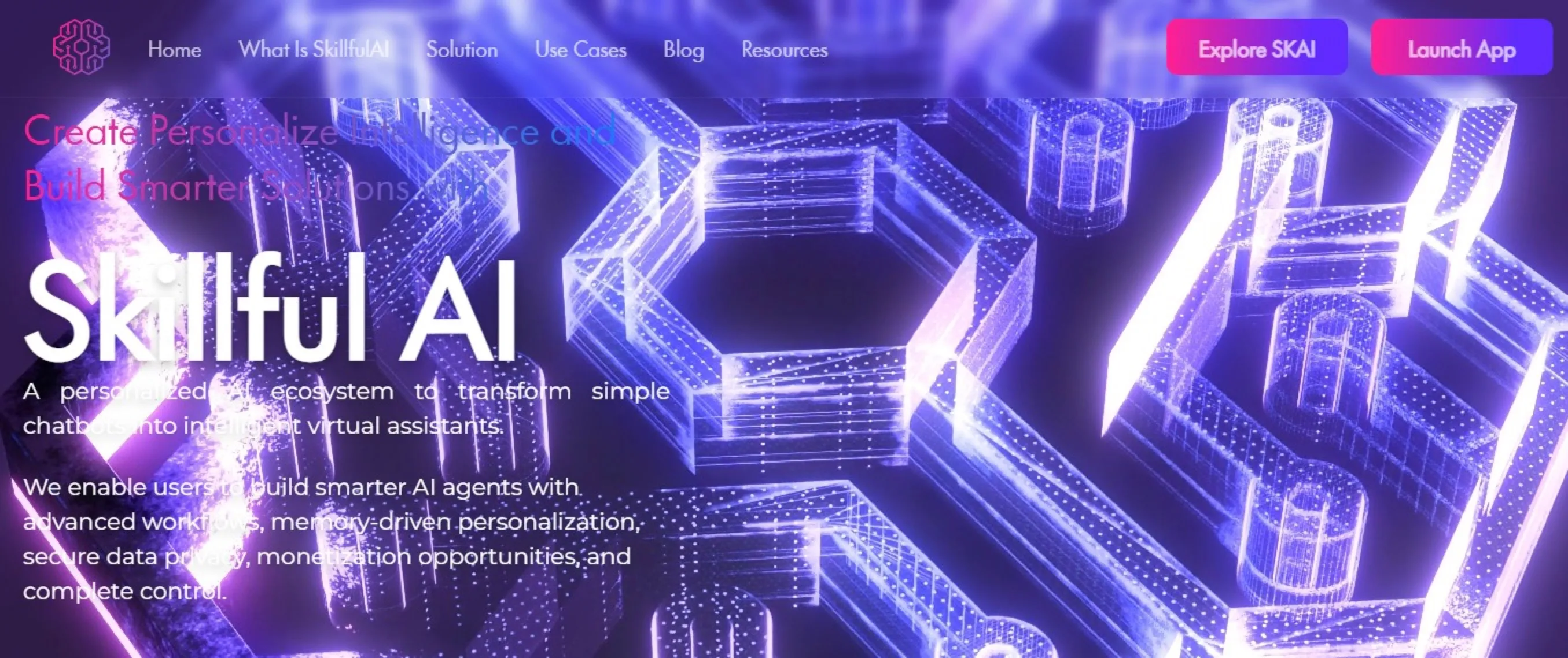Skillful AI website hero describing personalised AI agents for WhatsApp