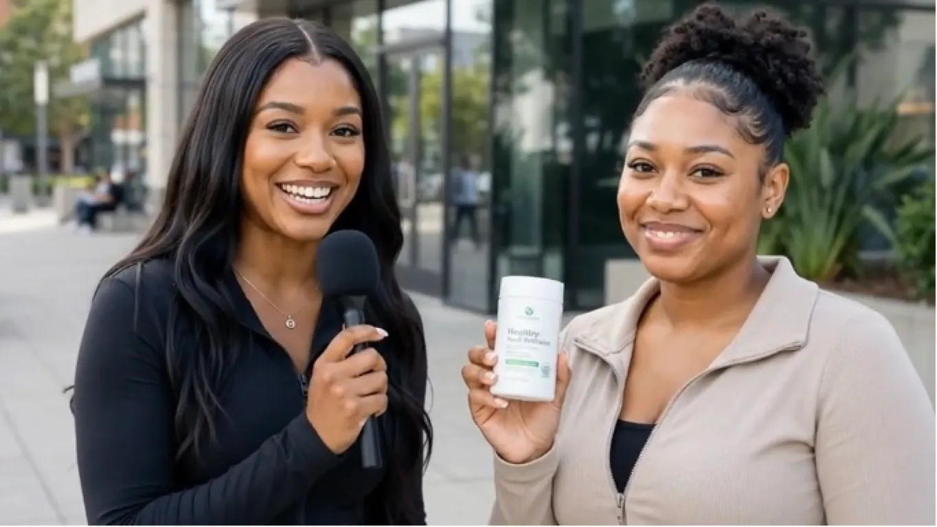 AI-generated street interview: presenter with a microphone and a woman holding a supplement tub