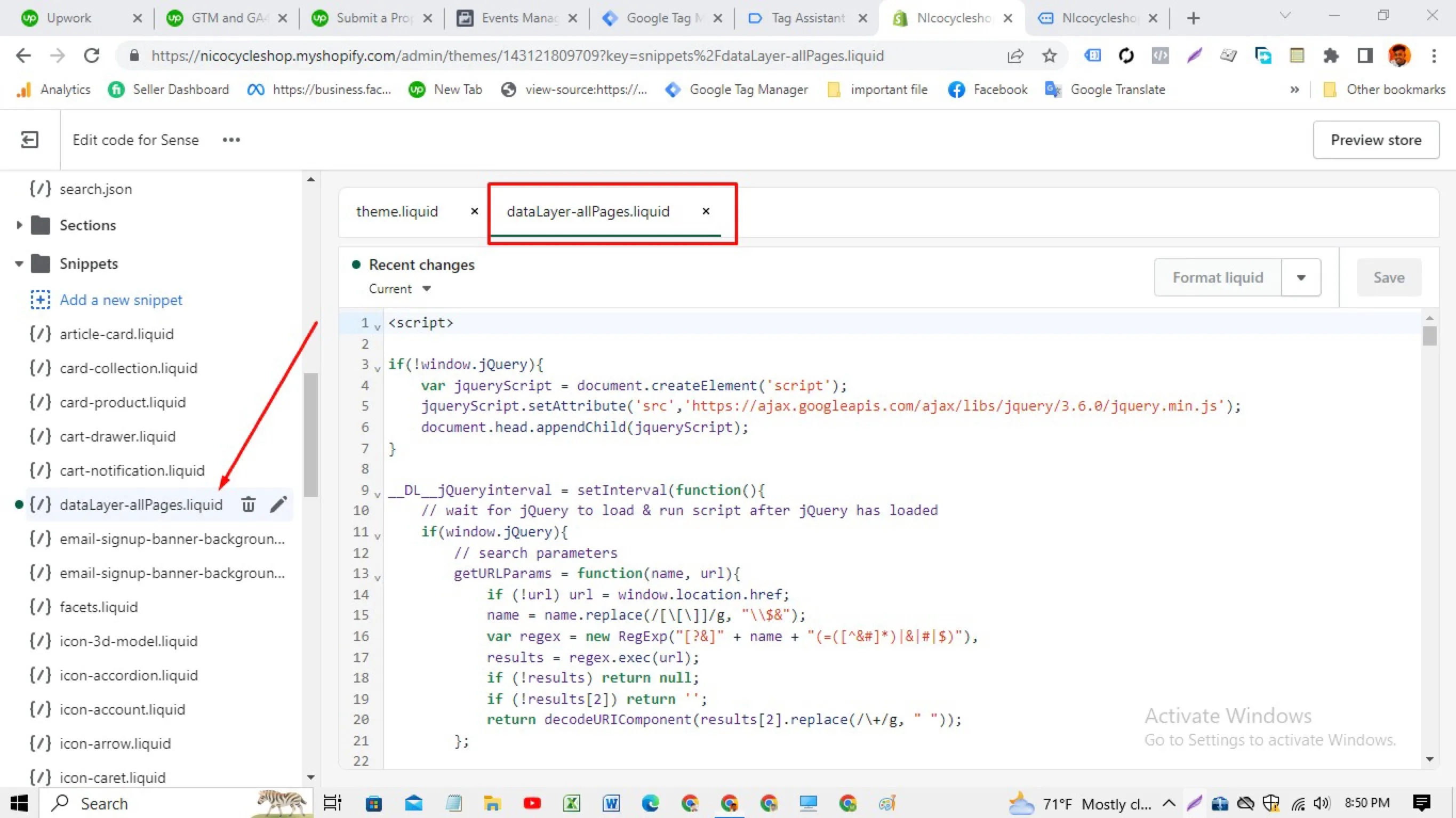 Shopify theme code editor showing the custom data layer snippet in Liquid