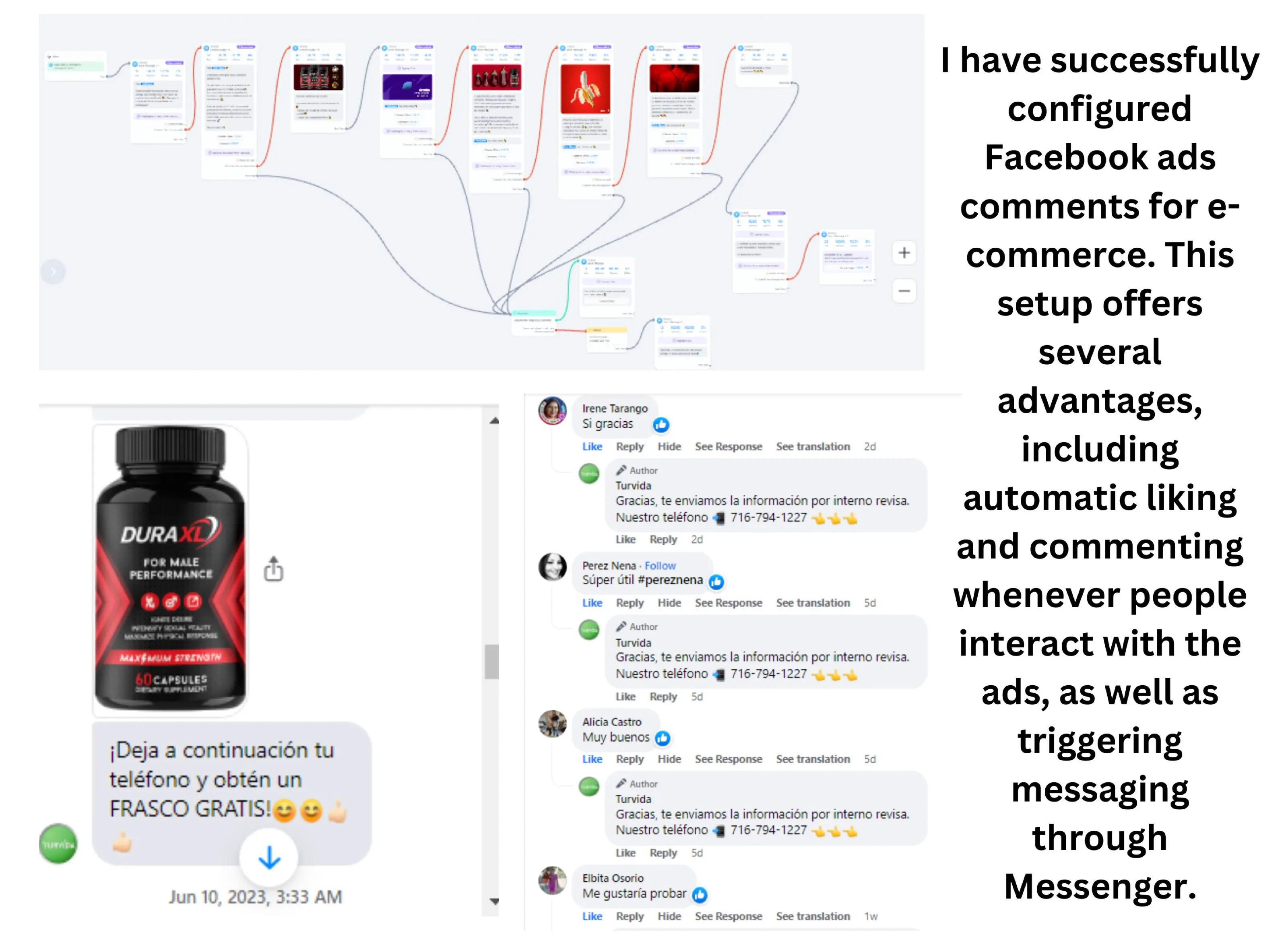 Facebook ad comments with automatic replies and a Messenger conversation collecting a phone number
