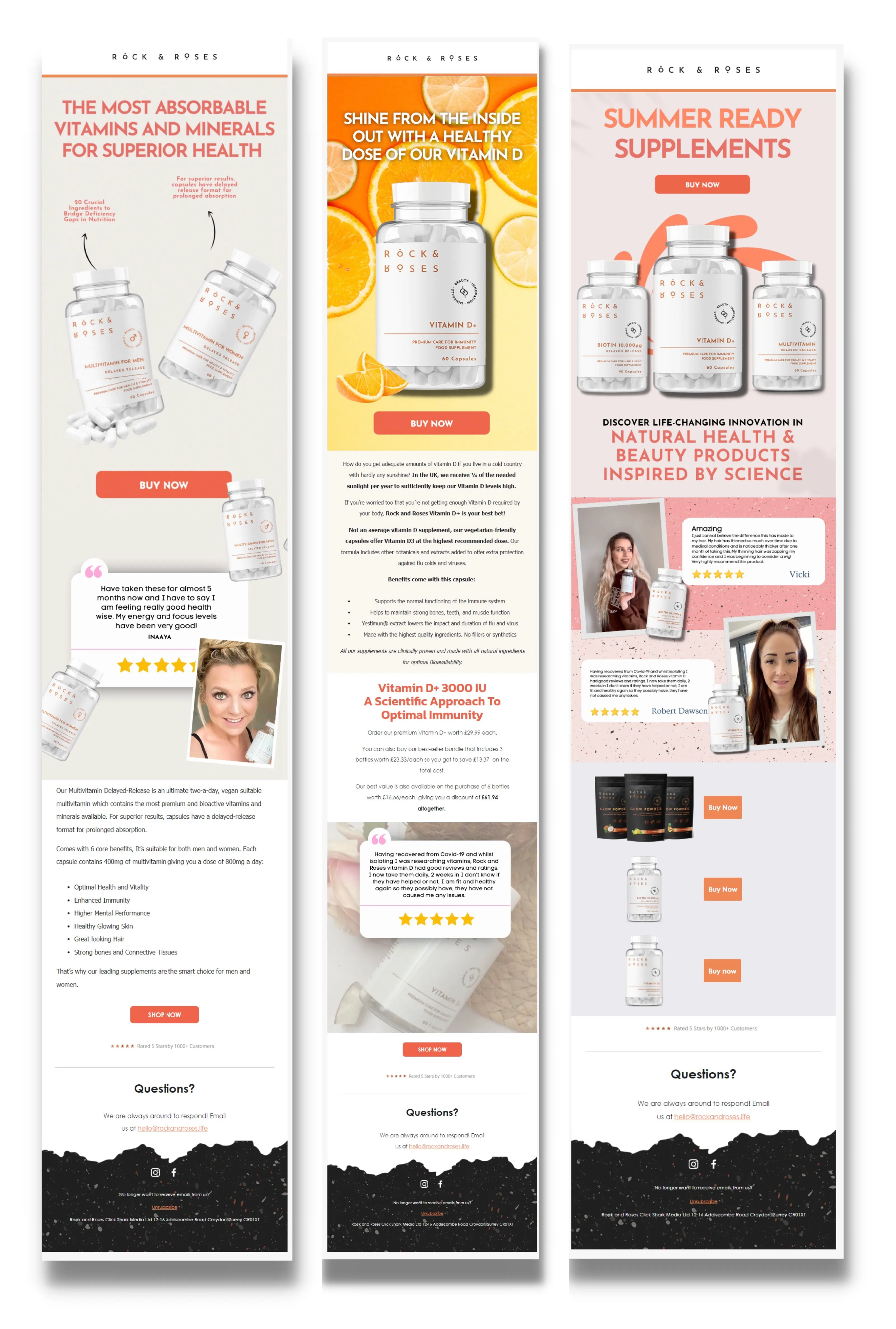 Three Rock & Roses email designs for multivitamins, vitamin D and summer supplements