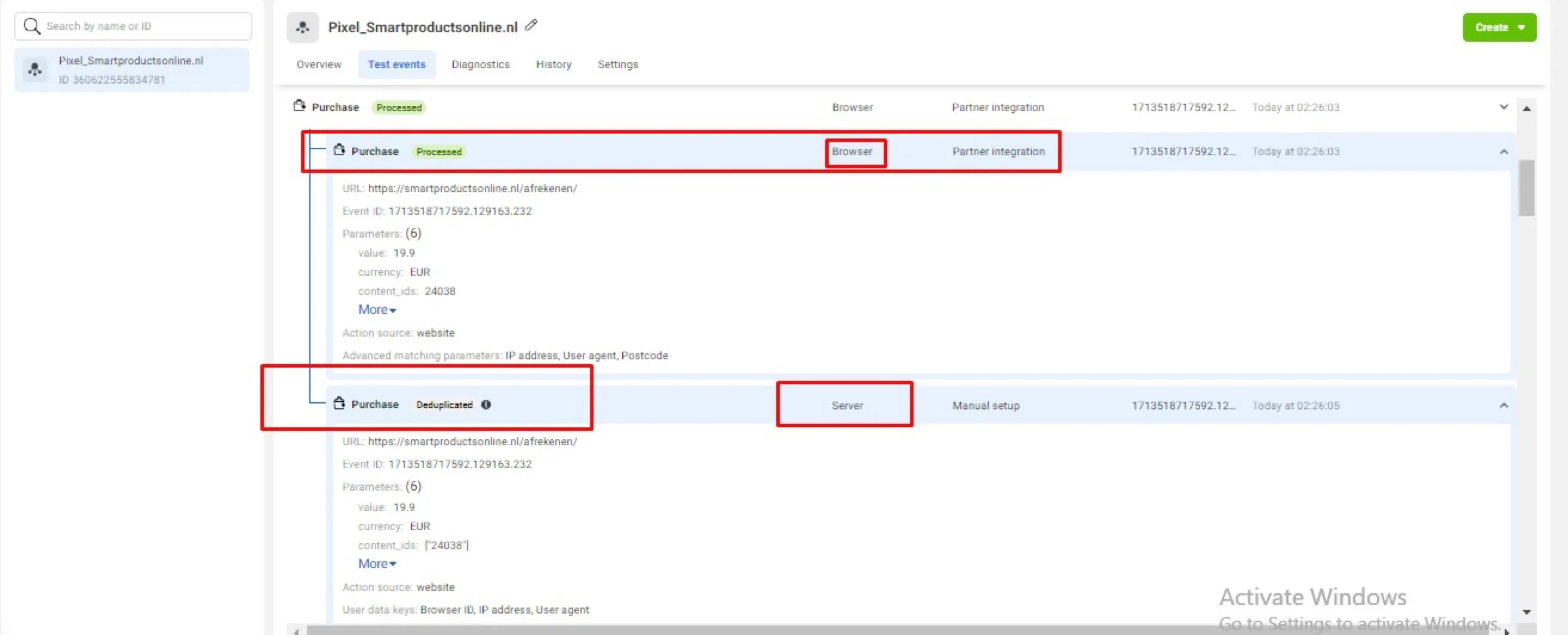 Meta test events showing server and browser purchase events deduplicated
