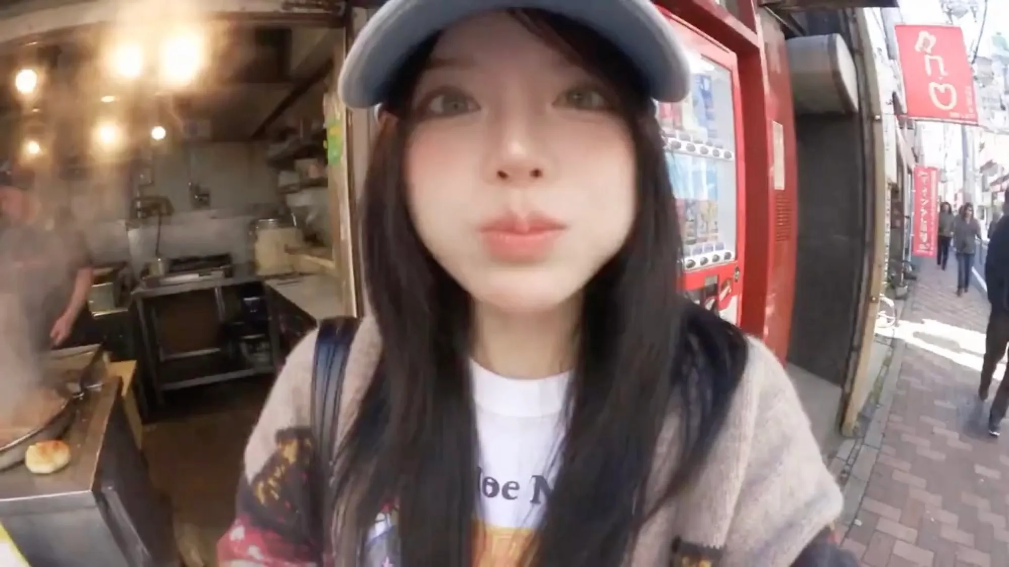AI influencer close-up in a cafe, still from the reel