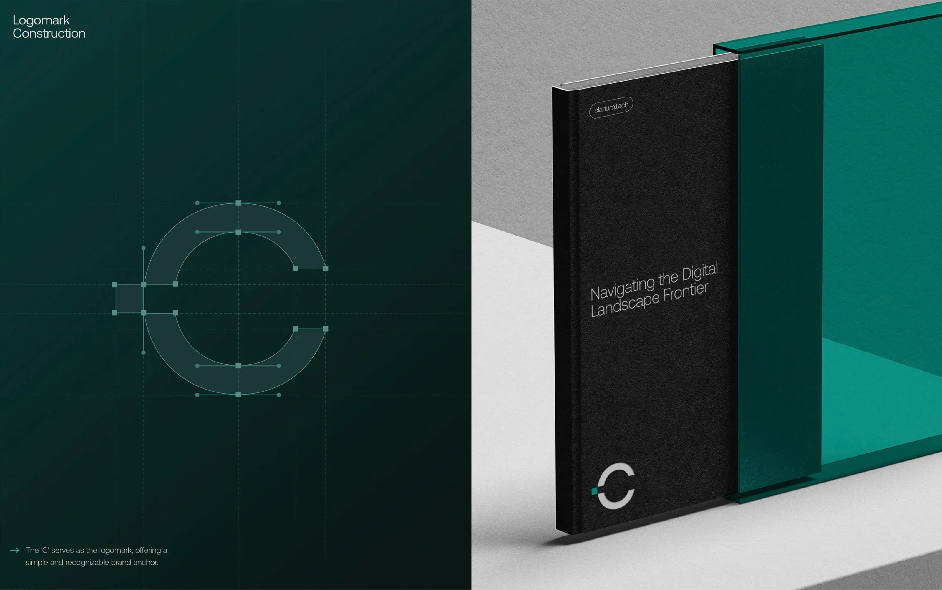 Clarium logomark construction and the mark on a report cover