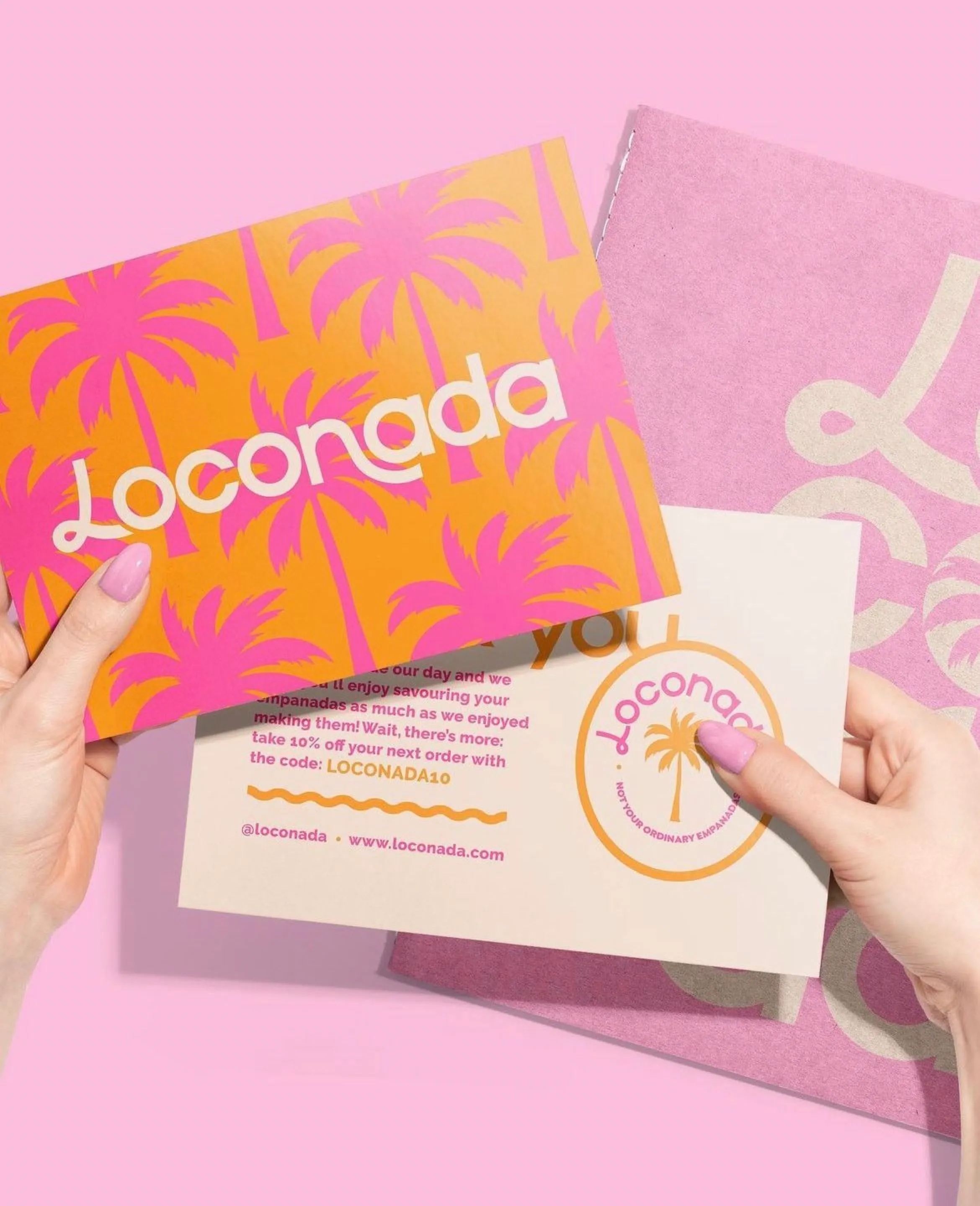 Loconada discount card and letter in pink and orange