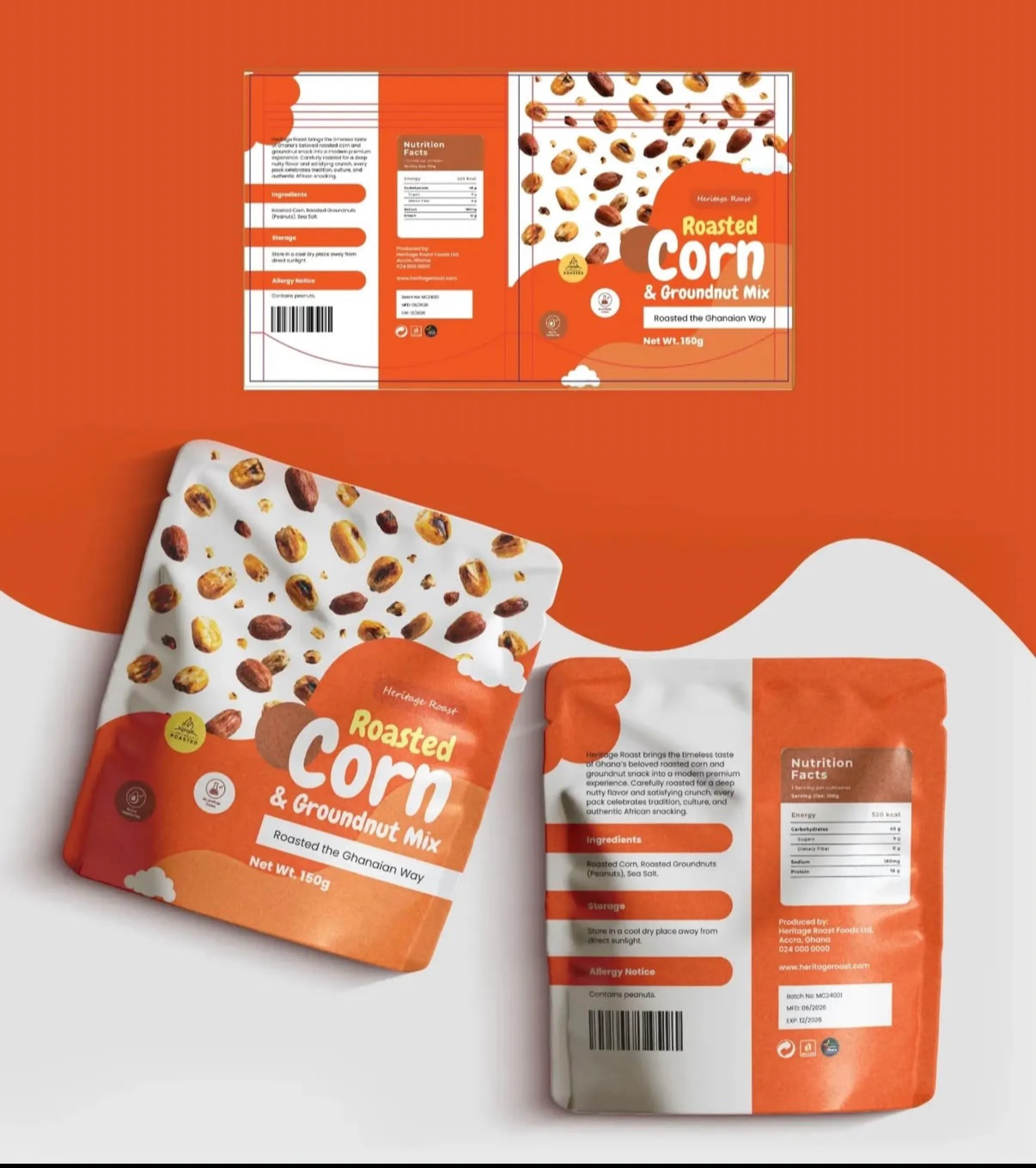 Roasted corn and groundnut snack pouch packaging