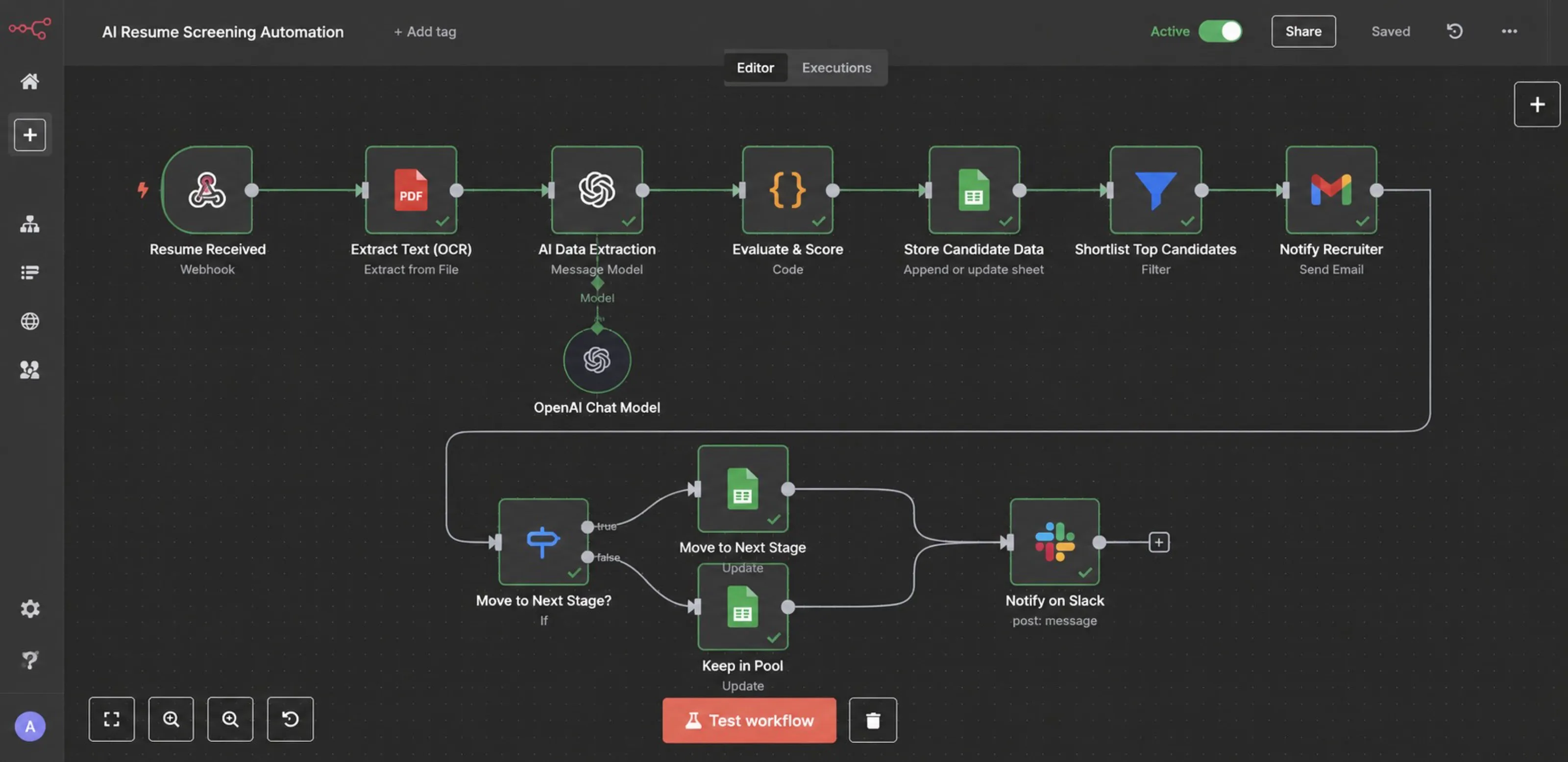n8n canvas for the resume screening workflow with OCR, AI extraction, scoring and notifications
