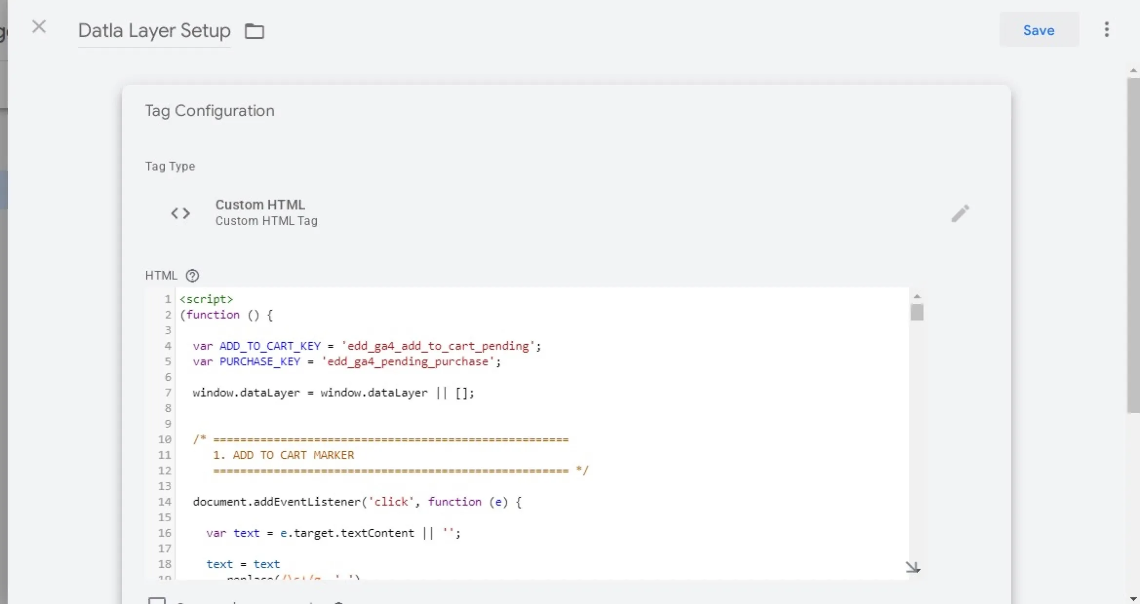 Custom HTML tag in Tag Manager containing the data layer code
