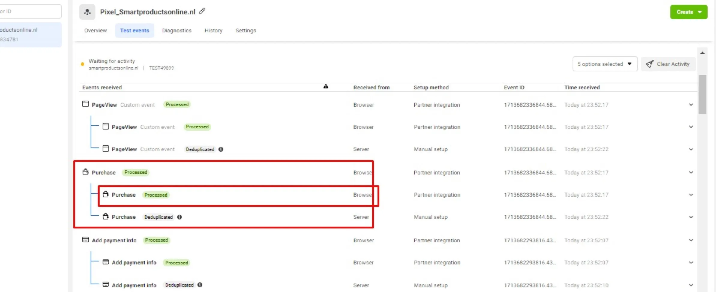 Meta Events Manager event details for purchase and view content