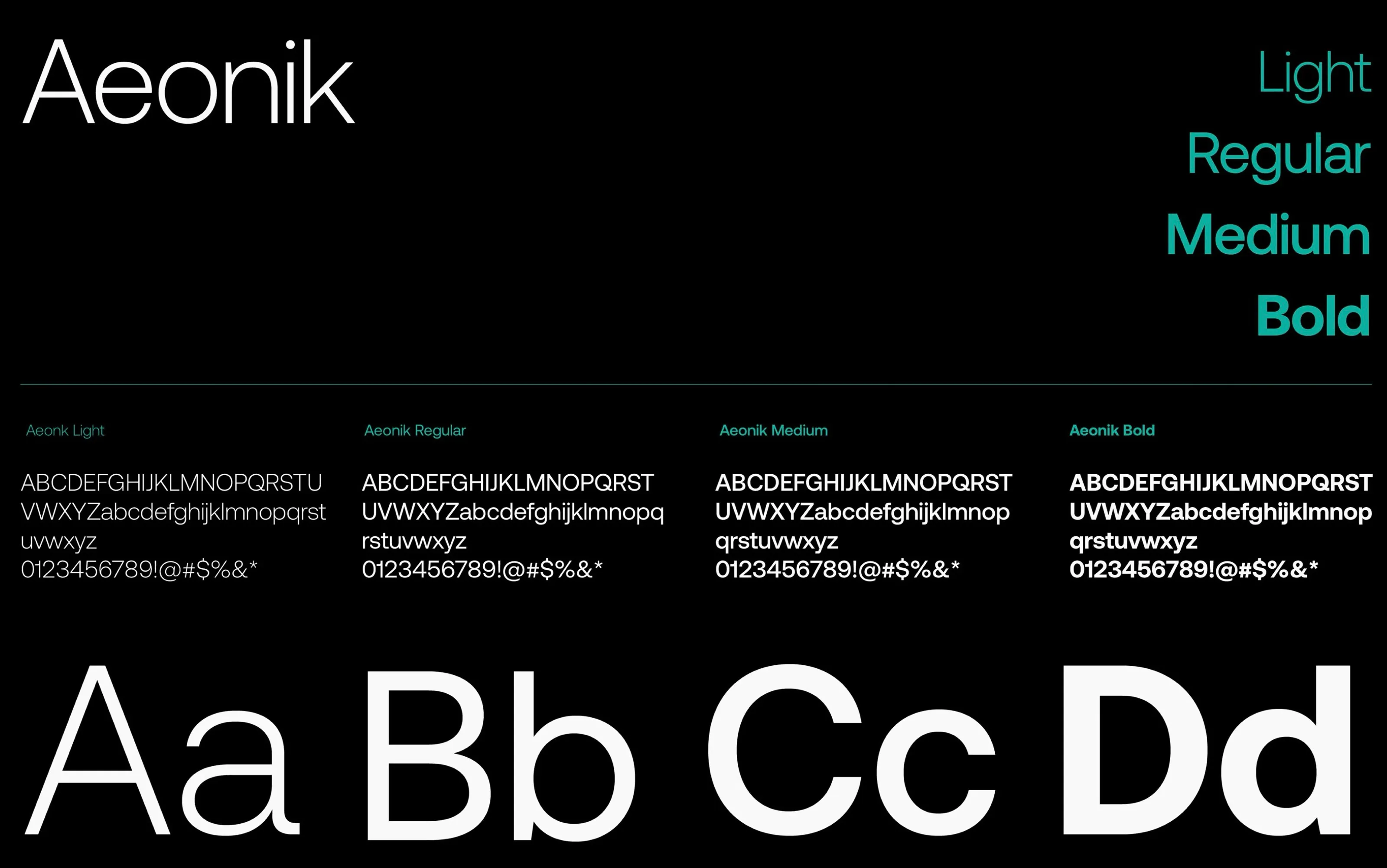 Clarium typography: Aeonik in light, regular, medium and bold