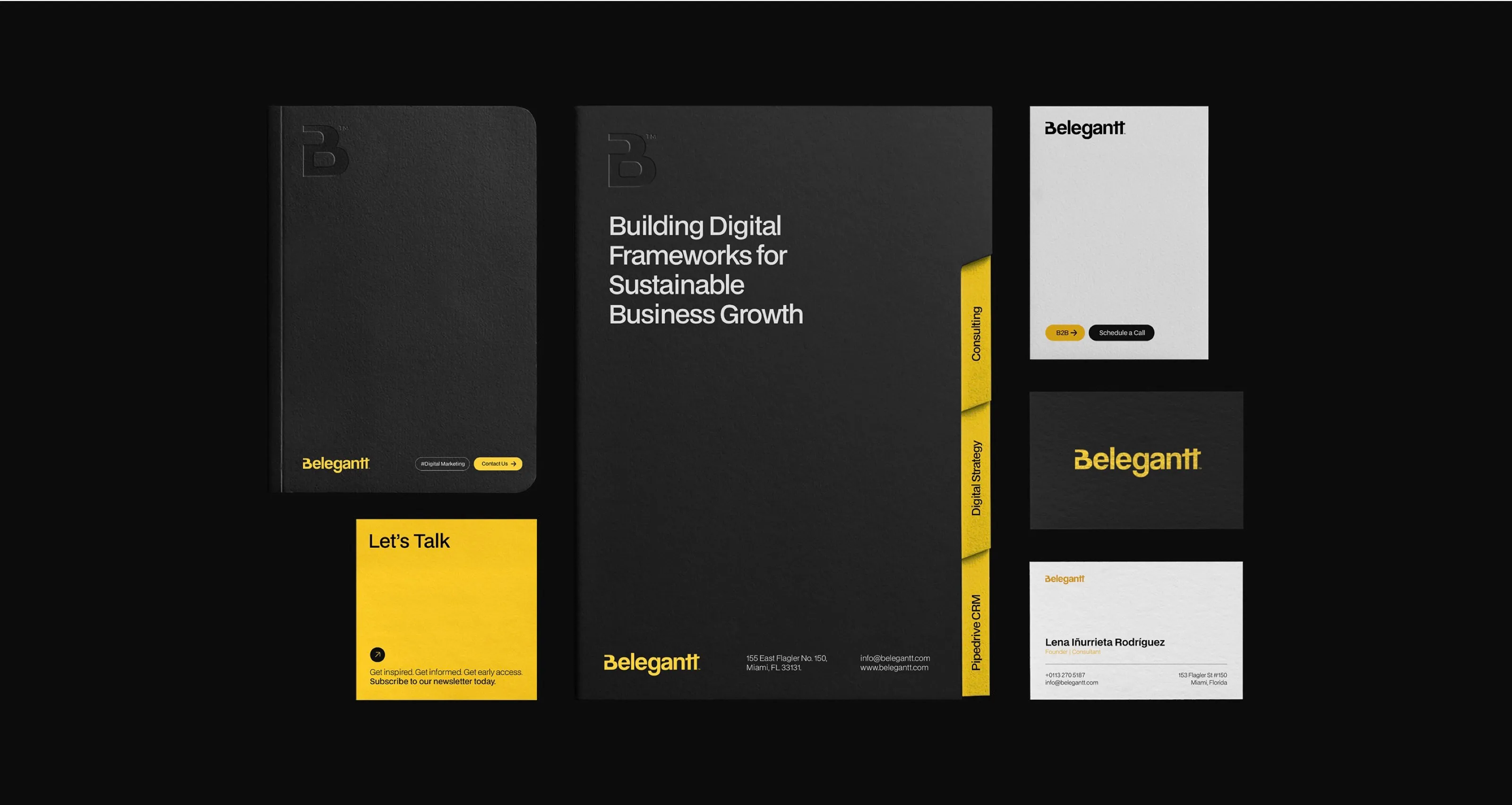 Belegantt stationery: folder, letterhead and business card in black and yellow