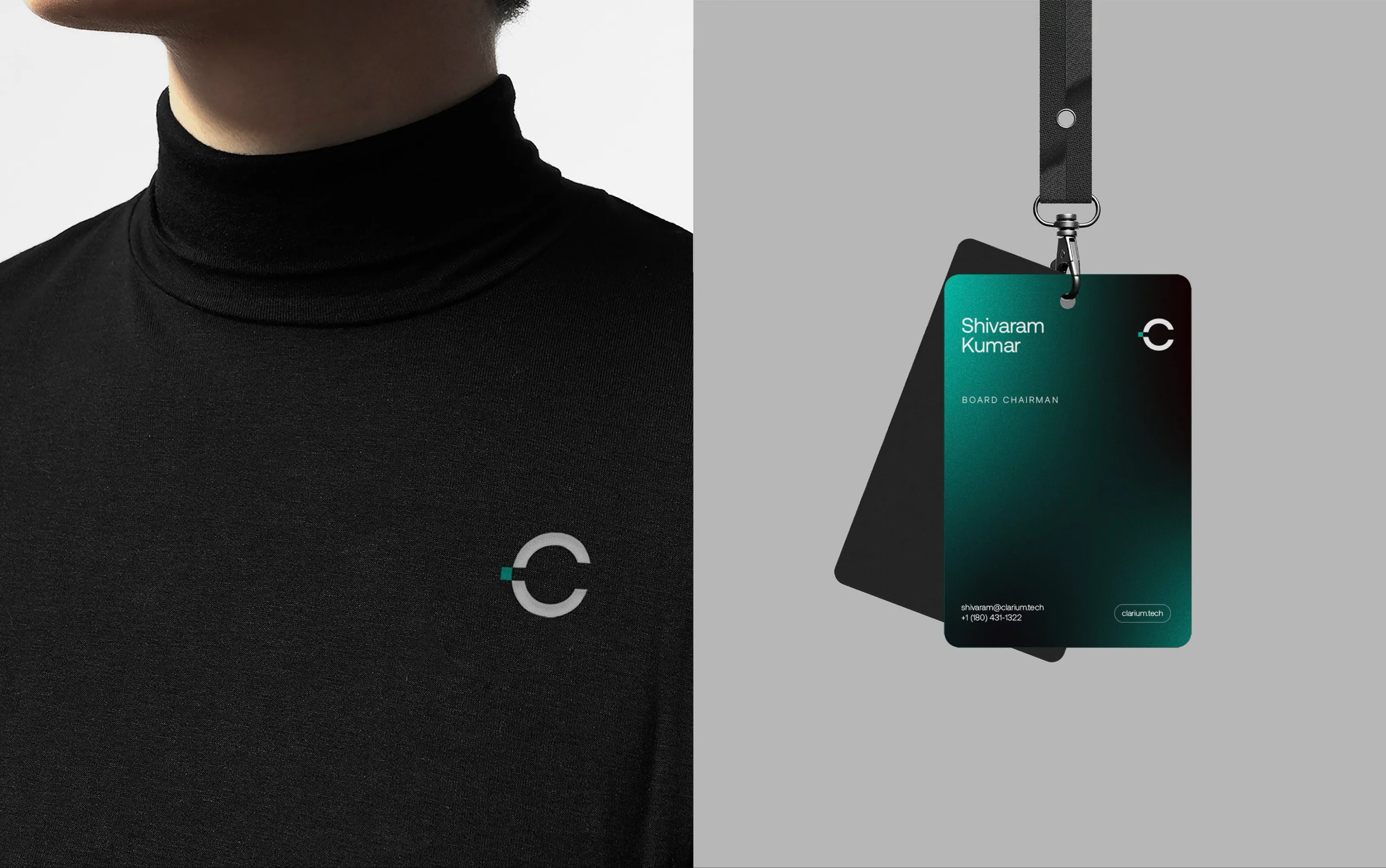 Clarium ID badge and embroidered logomark on apparel