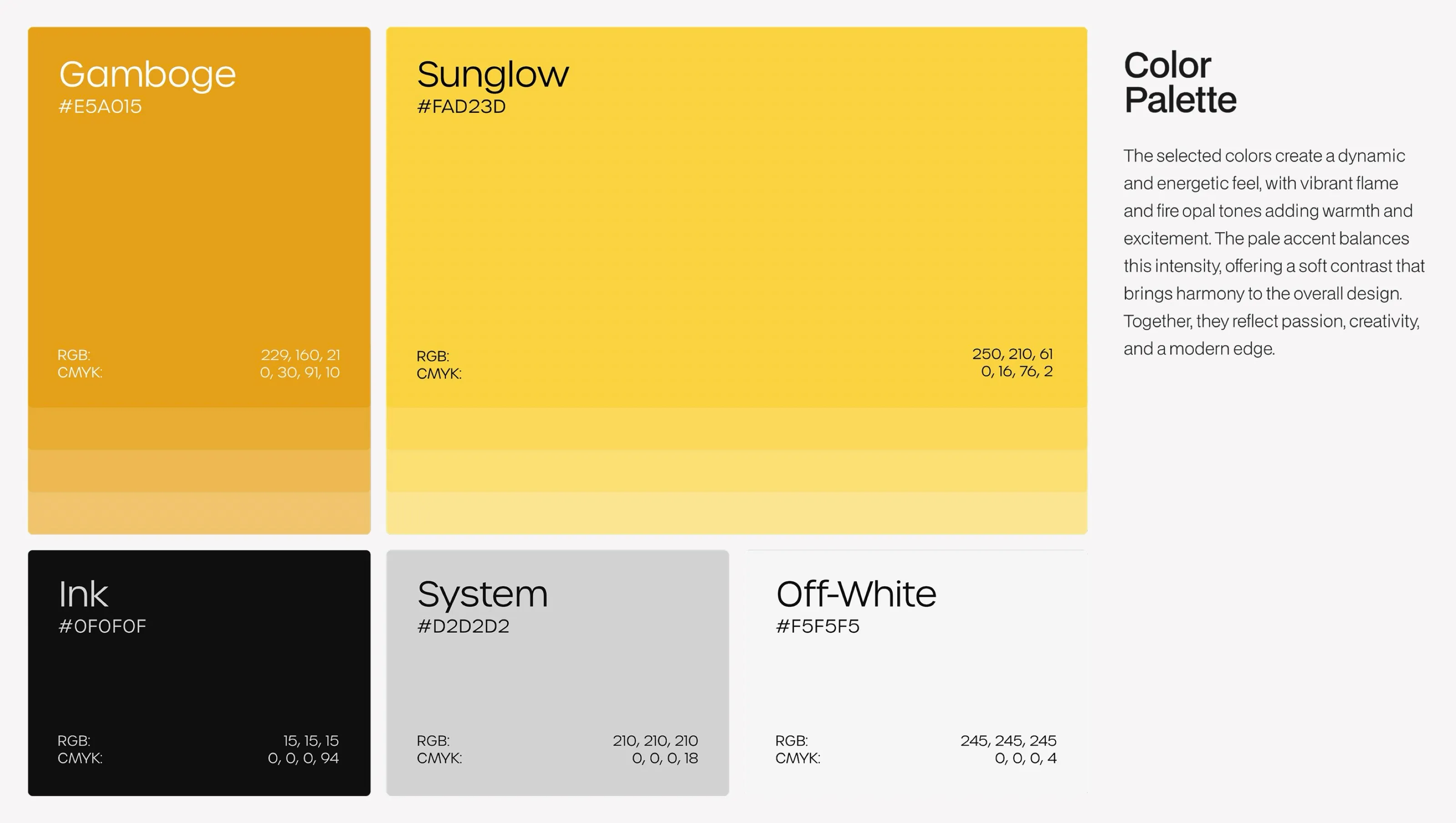 Belegantt colour palette: Gamboge, Sunglow, Ink, System and Off-White